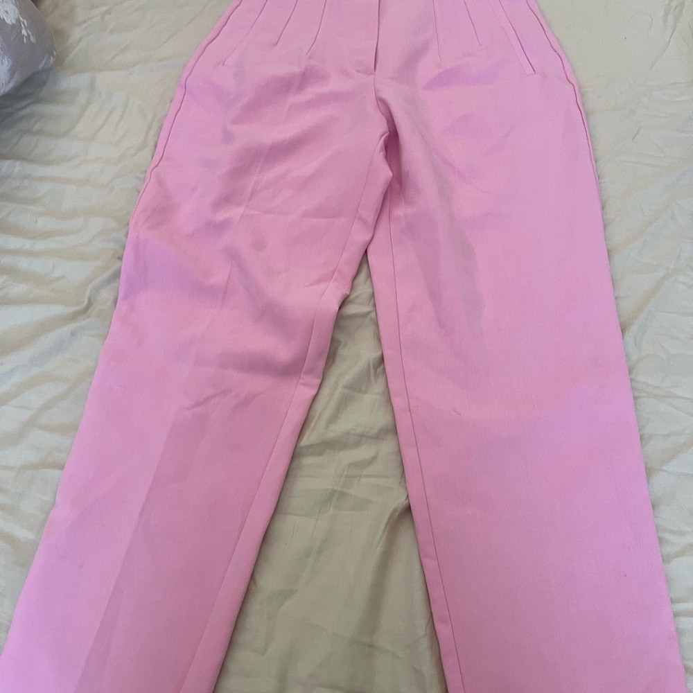 Zara Light Pink Pleated High-Rise Straight Trousers